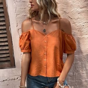 Shein Orange Burnt Sienna Button Front Cold Shoulder Blouse XL 12